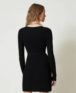 Abito Corto In Maglia A Costine Con Cintura