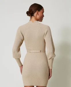 Abito Corto In Maglia A Costine Con Cintura