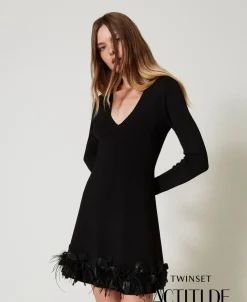 Abito Corto In Maglia Con Fiori E Piume