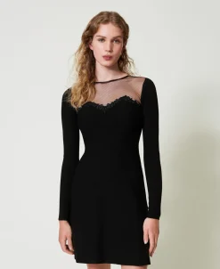 Abito Corto In Maglia Con Tulle E Ricamo