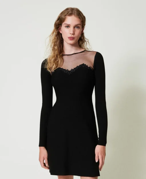 Abito Corto In Maglia Con Tulle E Ricamo