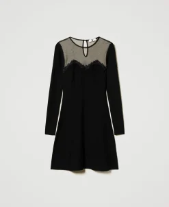 Abito Corto In Maglia Con Tulle E Ricamo
