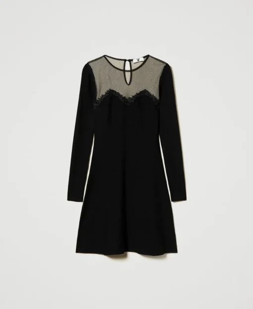 Abito Corto In Maglia Con Tulle E Ricamo