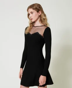 Abito Corto In Maglia Con Tulle E Ricamo