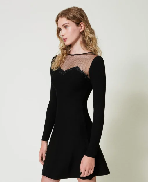 Abito Corto In Maglia Con Tulle E Ricamo