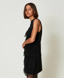 Abito Corto In Maglia Con Balze In Tulle