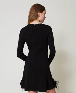 Abito Corto In Maglia Con Fiori E Piume