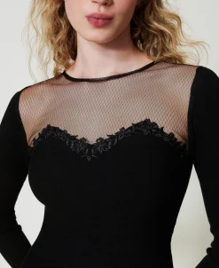 Abito Corto In Maglia Con Tulle E Ricamo