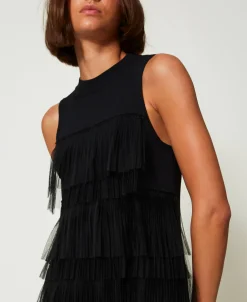 Abito Corto In Maglia Con Balze In Tulle