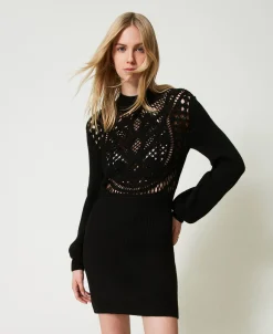 Abito Corto In Maglia Misto Lana Crochet