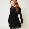 Abito In Maglia A Costine Con Tulle