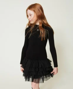 Abito In Maglia A Costine Con Tulle