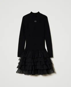 Abito In Maglia A Costine Con Tulle