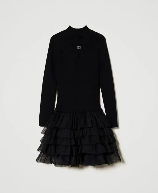 Abito In Maglia A Costine Con Tulle