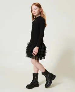 Abito In Maglia A Costine Con Tulle