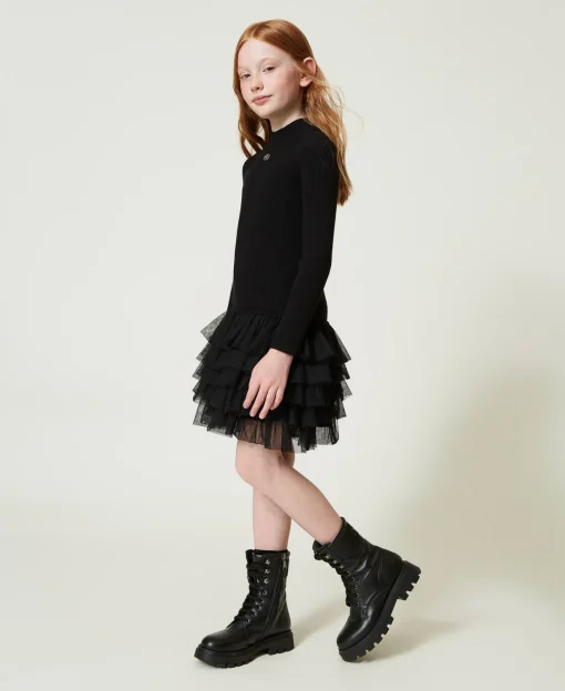 Abito In Maglia A Costine Con Tulle