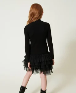Abito In Maglia A Costine Con Tulle