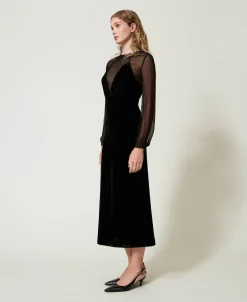 Abito Longuette In Chiffon E Velluto