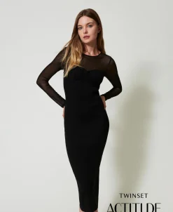 Abito Longuette In Maglia Con Tulle