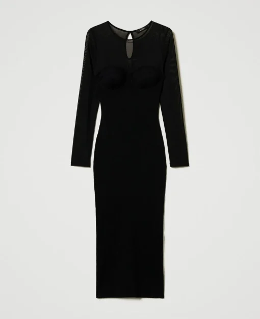 Abito Longuette In Maglia Con Tulle
