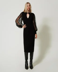 Abito Longuette In Maglia E Pizzo