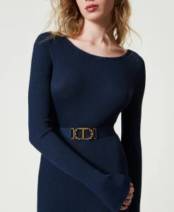 Abito Longuette In Maglia Con Cintura E Volant