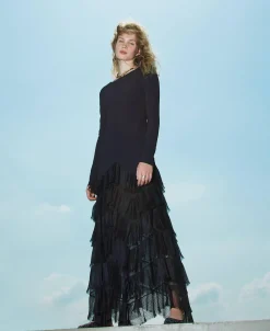 Abito Lungo Con Balze Plissé In Tulle