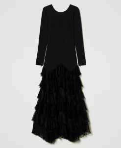 Abito Lungo Con Balze Plissé In Tulle