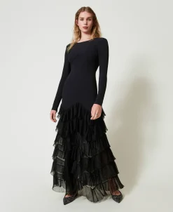 Abito Lungo Con Balze Plissé In Tulle