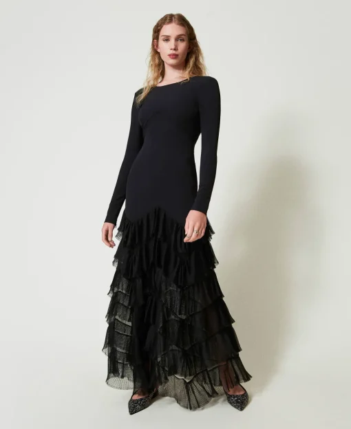 Abito Lungo Con Balze Plissé In Tulle