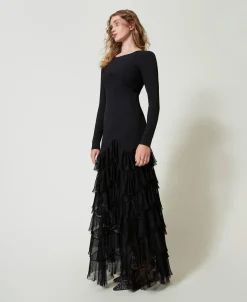 Abito Lungo Con Balze Plissé In Tulle