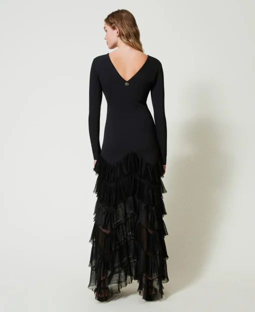Abito Lungo Con Balze Plissé In Tulle