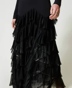 Abito Lungo Con Balze Plissé In Tulle