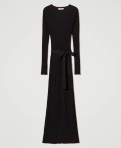 Abito Lungo In Maglia A Costine Con Cut-out