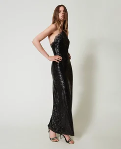 Abito Lungo In Paillettes Con Pizzo