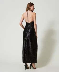 Abito Lungo In Paillettes Con Pizzo