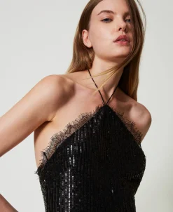 Abito Lungo In Paillettes Con Pizzo