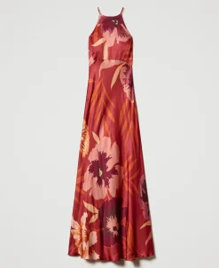 Abito Lungo In Raso A Fiori Con Scollo All'americana