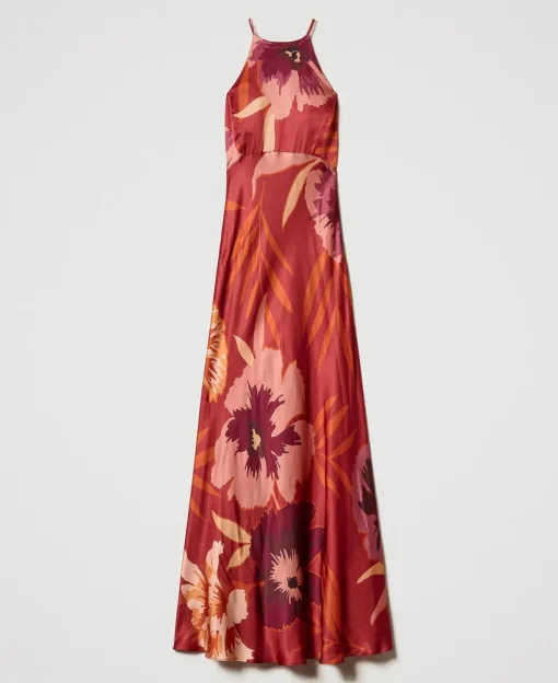Abito Lungo In Raso A Fiori Con Scollo All'americana