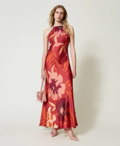 Abito Lungo In Raso A Fiori Con Scollo All'americana
