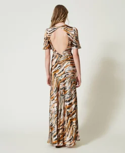 Abito Lungo In Raso Animalier