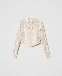 Blusa Cropped In Pizzo Macramè