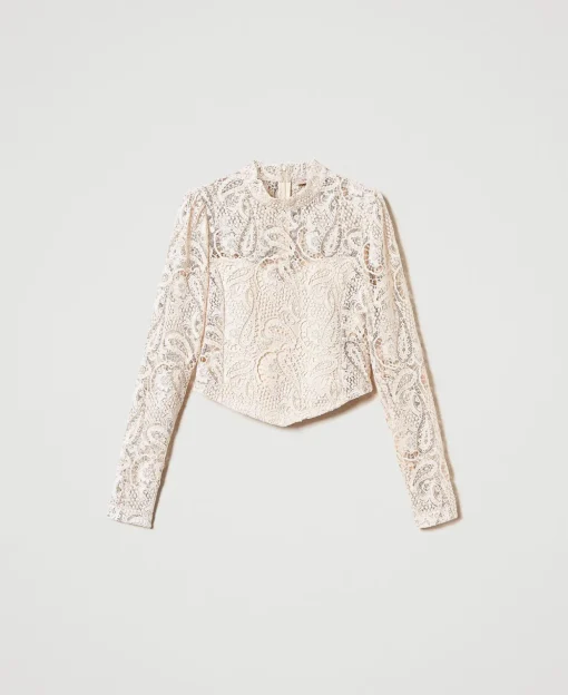 Blusa Cropped In Pizzo Macramè