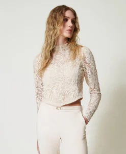 Blusa Cropped In Pizzo Macramè