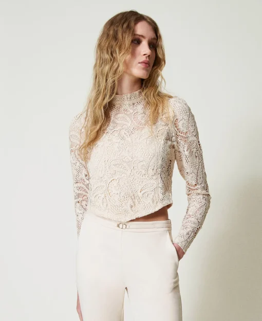 Blusa Cropped In Pizzo Macramè