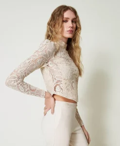 Blusa Cropped In Pizzo Macramè