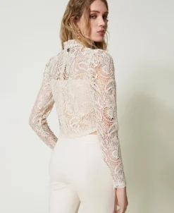 Blusa Cropped In Pizzo Macramè