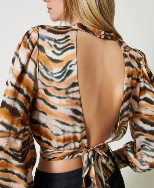 Blusa Cropped In Raso Animalier