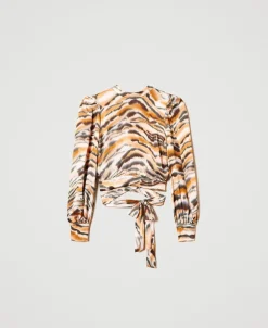 Blusa Cropped In Raso Animalier