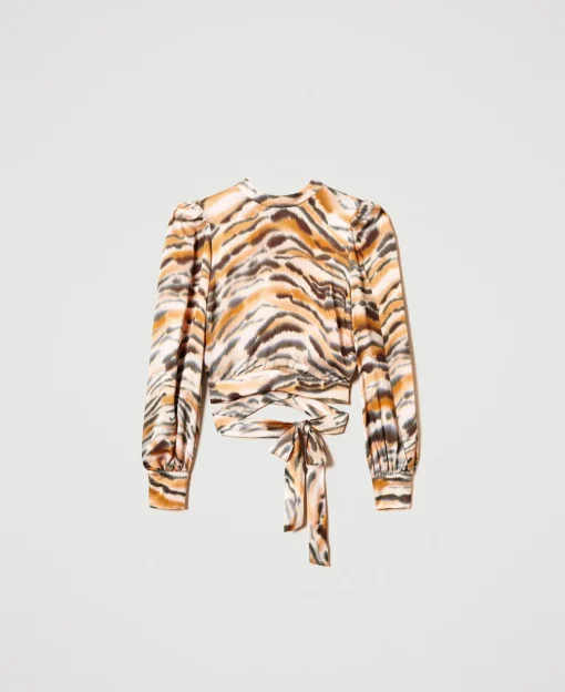 Blusa Cropped In Raso Animalier